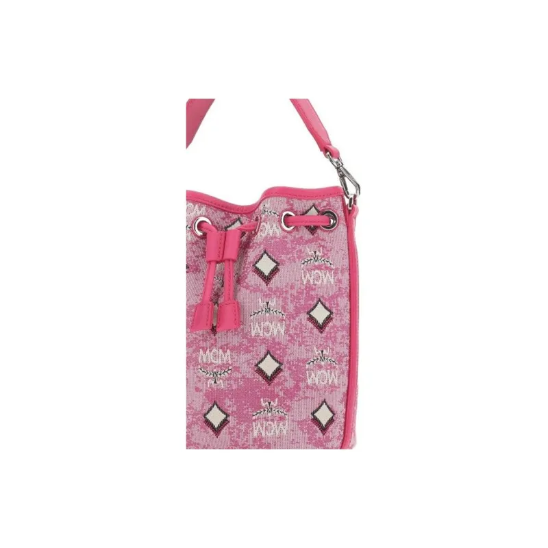 MCM Floral Fabric Cow Leather Patchwork Bucket Bag Crossbody Handbag Shoulder Bag Mini Women's Pink-2