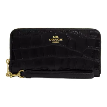 COACH Crocodile Embossed Leather Wallet Small Size Women's Black