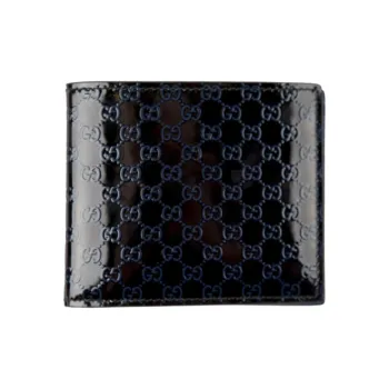 GUCCI Patent Leather Patchwork Leather Cropped Double Fold Wallet Men's Black/Blue