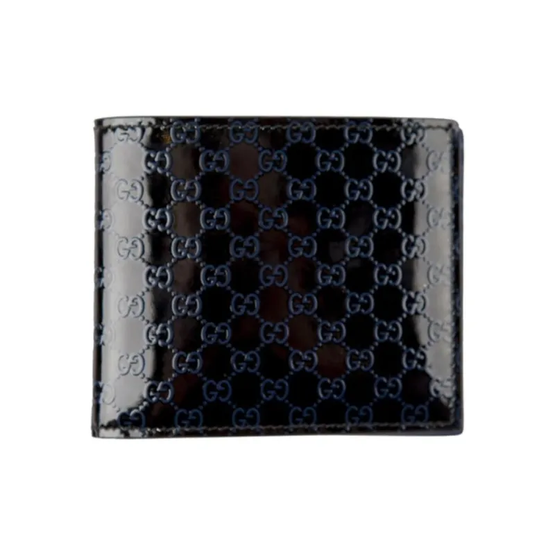GUCCI Patent Leather Patchwork Leather Cropped Double Fold Wallet Men's Black/Blue-0