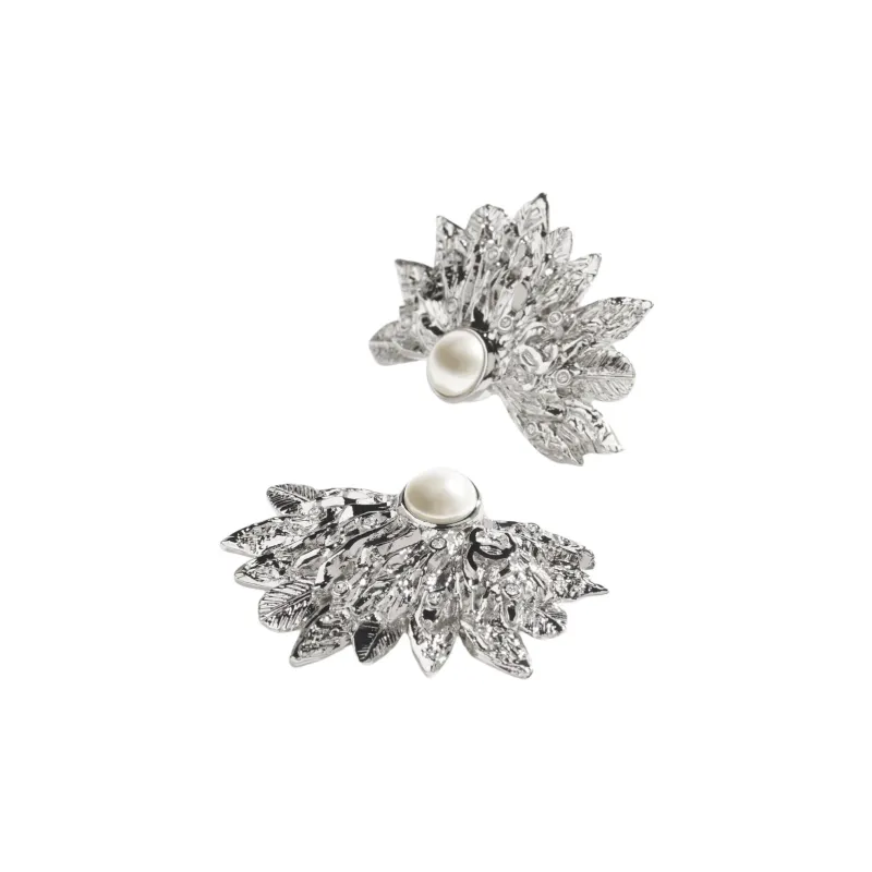 CHANEL Metal Glass Pearl Rhinestones Clip On Earrings Unisex Silver-1
