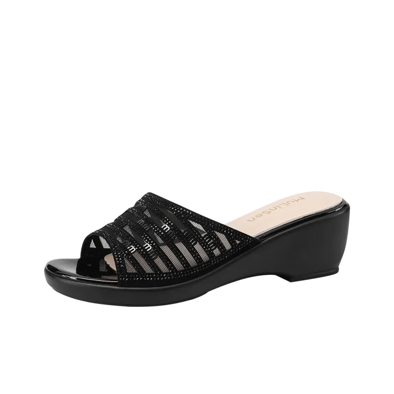 Mulinsen Stitching Embroidery Cut Out Rhinestone Abrasion Resistant Slide Slippers Women's-6