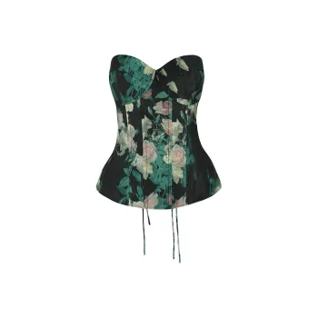Selkie Collection SS25 Strapless Top Women's Dark Green With Crying Rose Print