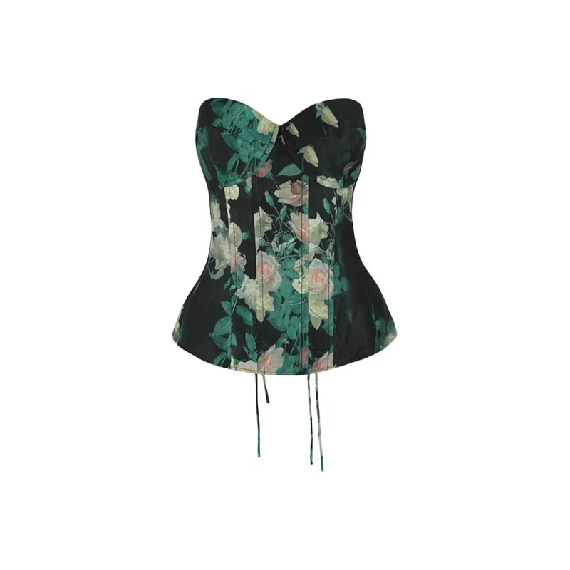 Selkie Collection SS25 Strapless Top Women's Dark Green With Crying Rose Print-0