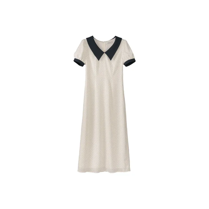 Fstudio Korean Style Elegance Color Block Cinched Waist Short Sleeved Dress Women's Beige Apricot-1