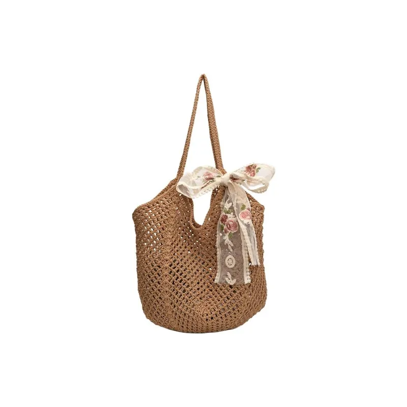 RKM Straw Woven Shoulder Bag Regular Women's Khaki/Beige-0
