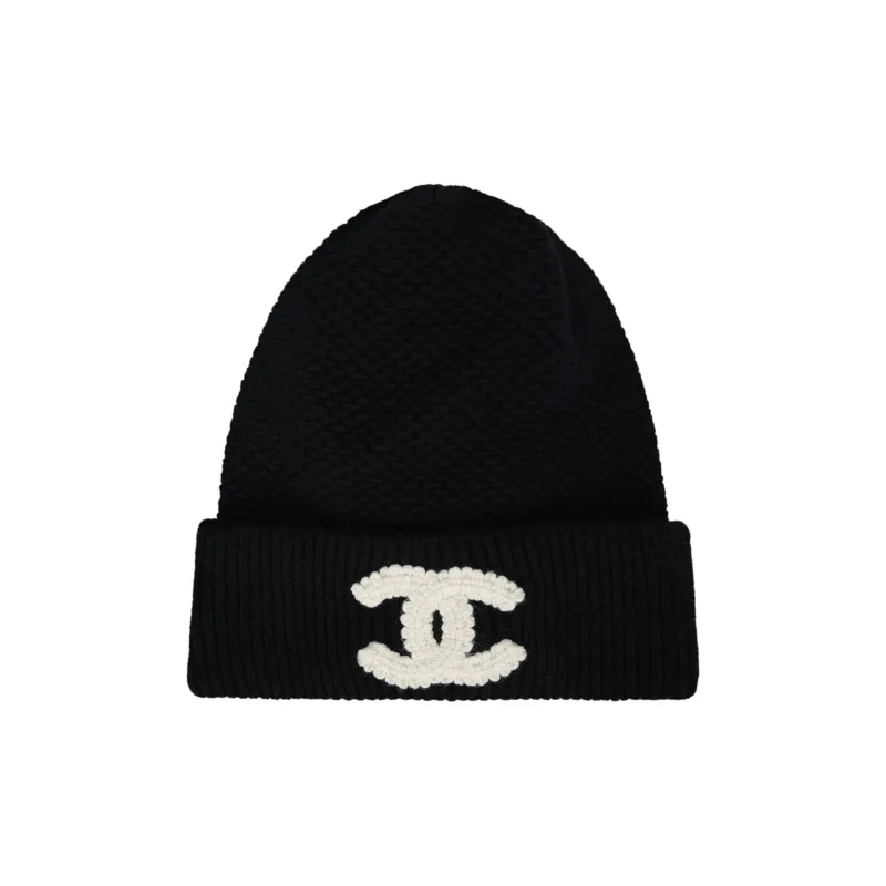 CHANEL Knitted Fabric Cashmere Beanies Women's Black/Dark Blue-0