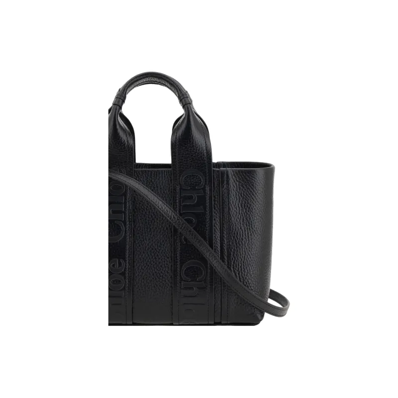 Chloe Woody Calfskin Tote Bag, Shopping Bag, Handbag Women's Black-3