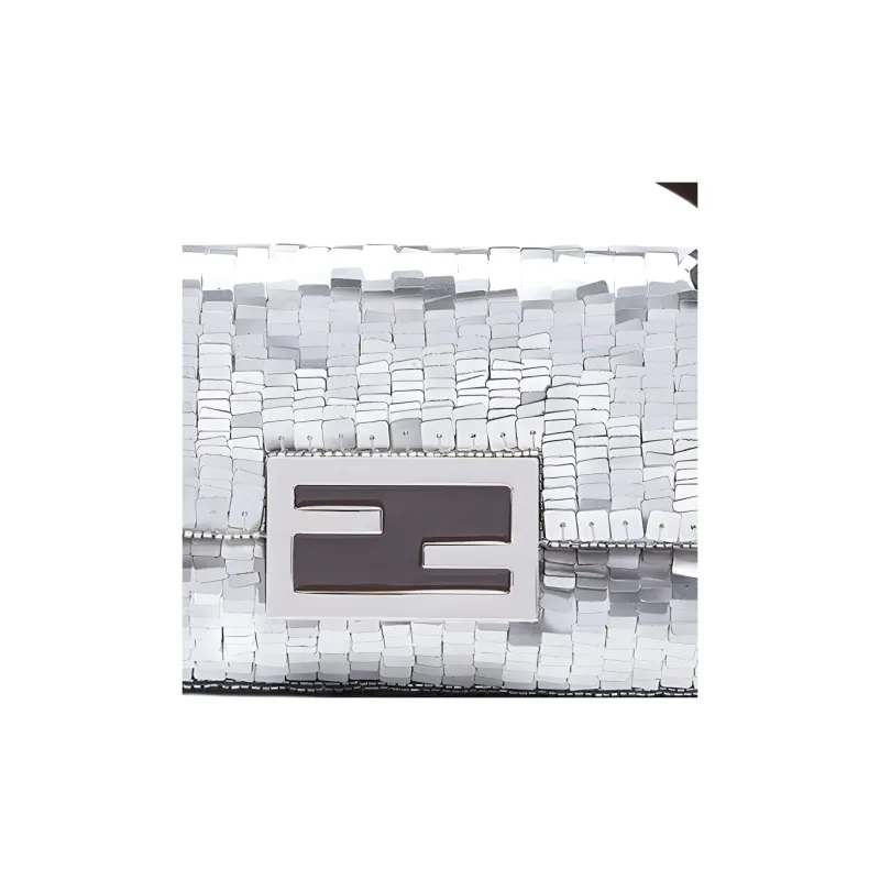 FENDI Baguette Fabric, Split Sheep Leather Handbag, Shoulder Bag, Crossbody Bag, Cell Phone Pouch Women's Silver-3