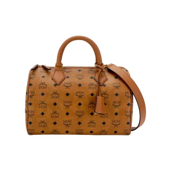 MCM Canvas With Leather Boston Bag Handbag Shoulder Bag Crossbody Bag Travel Bag Medium Size Women's Cognac Brandy