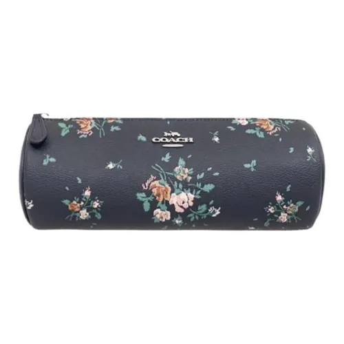 COACH Leather Pvc Pen Holder, Clutch, Pillow Bag, Makeup Bag Medium Size Women's Midnight Blue Print