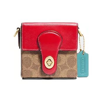 COACH Square Canvas With Leather Small Square Bag Shoulder Bag Crossbody Bag Women's Brown Yellow