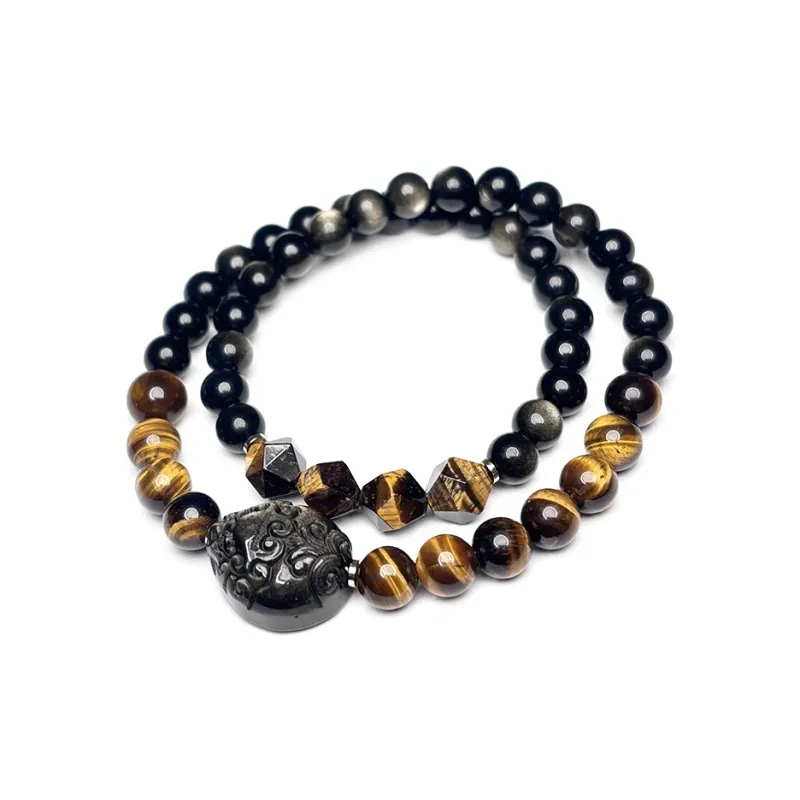MOUNTAINS AND MANS Natural Obsidian New Chinese Style Stackable Good Luck Beaded Bracelet Unisex-3