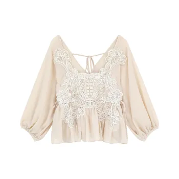 ELF SACK Chiffon Shirts Women's Lace Ecru