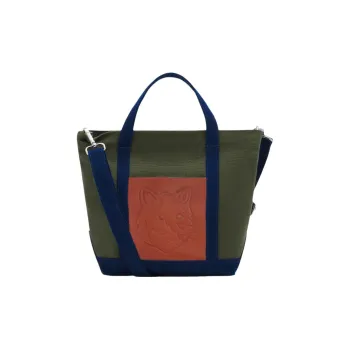 Maison Kitsune Cotton With Leather Shoulder Bag Crossbody Bag Handbag Mini Women's Army Green With Ink Blue Accents