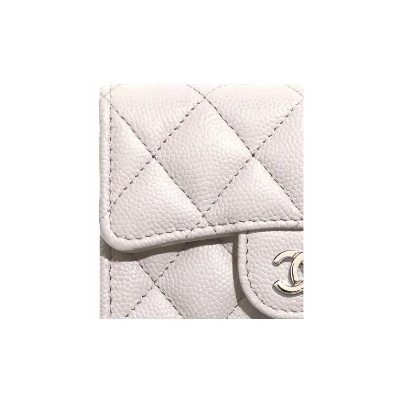 CHANEL Leather Grain Embossed Cow Leather Card Holder, Wallet Women's White-1