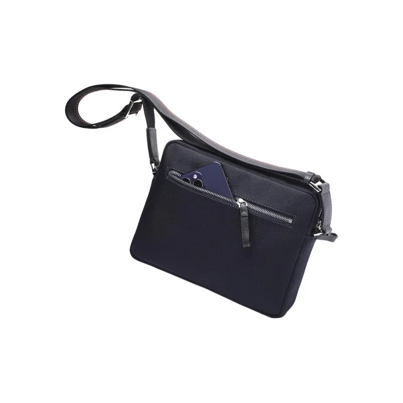 Satchi Cow Leather, Fabric Crossbody Bag, Shoulder Bag Medium Size Men's Blue/Black-4