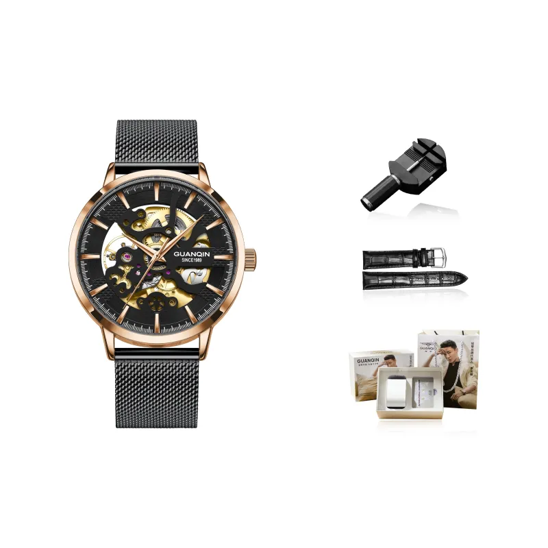 GUANQIN Automatic Mechanical Movement Net Bag Strap Watch Men's Watches Black Dial-5