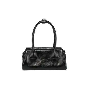 Simedin Top Grain Cow Leather Baguette Handbag Medium Size Women's Deep Black/Pearl White