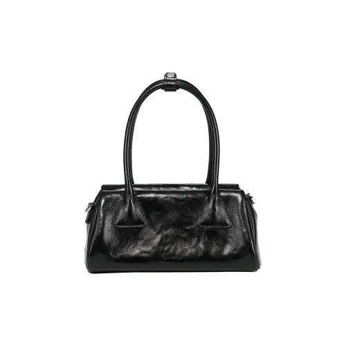 Simedin Top Grain Cow Leather Baguette Handbag Medium Size Women's Deep Black/Pearl White