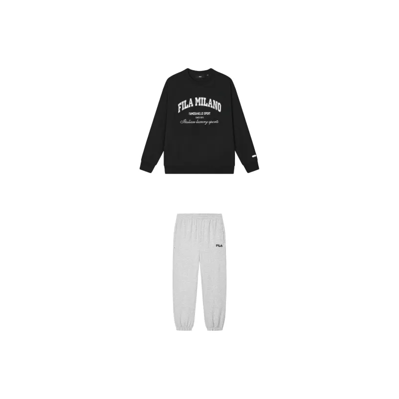 FILA Casual Sportswear Men Clothing Sets Jet Black Sweatshirt+Cloud Mist Heather Gray Pants-0