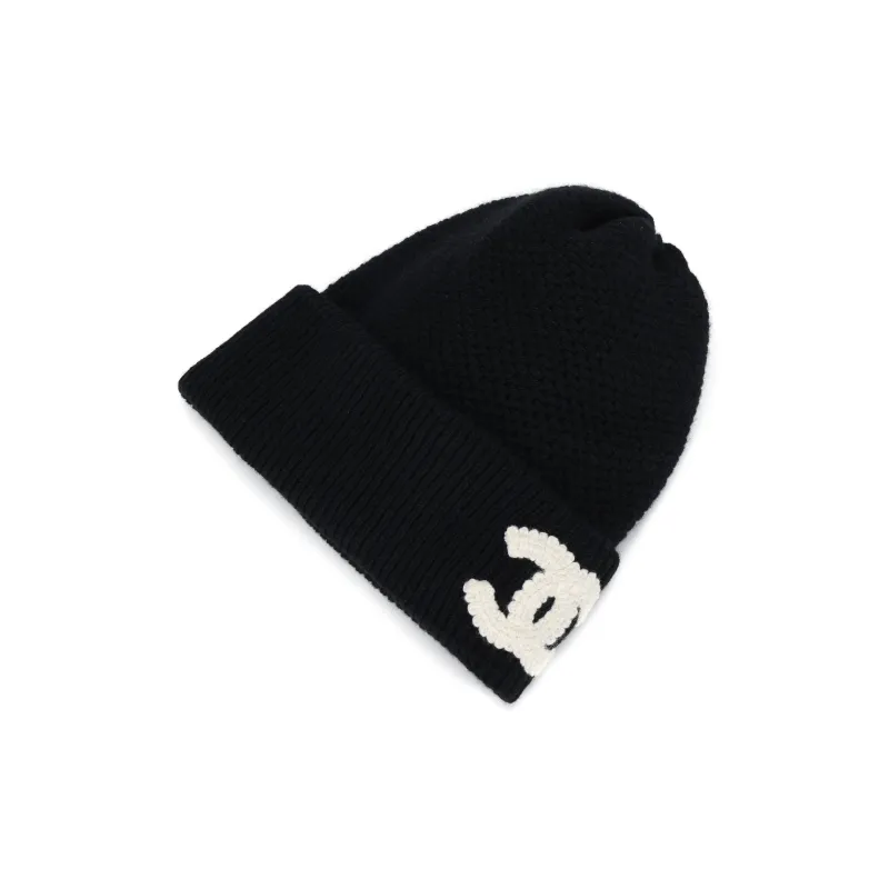 CHANEL Knitted Fabric Cashmere Beanies Women's Black/Dark Blue-2