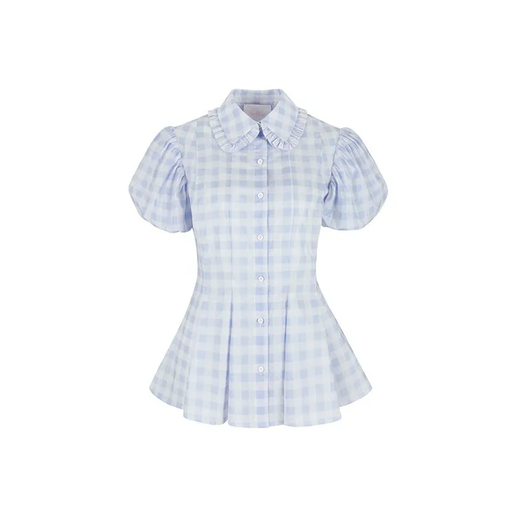 Selkie Collection SS25 Shirt Women's Sky Blue With White Square Print-0