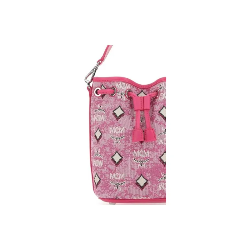 MCM Floral Fabric Cow Leather Patchwork Bucket Bag Crossbody Handbag Shoulder Bag Mini Women's Pink-3