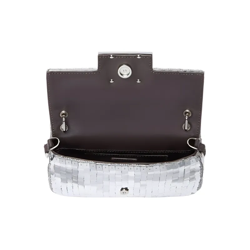 FENDI Baguette Fabric, Split Sheep Leather Handbag, Shoulder Bag, Crossbody Bag, Cell Phone Pouch Women's Silver-2