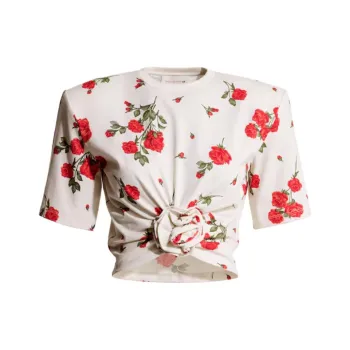 H&M X Magda Butrym Patterned T shirt With Rose Applique Cream/Roses