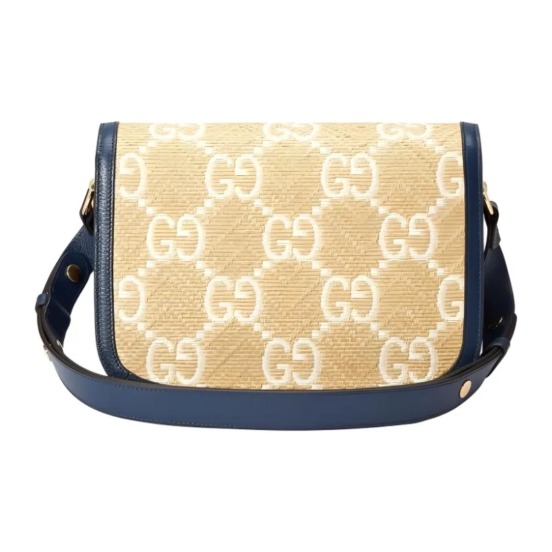 GUCCI Horsebit 1955 Raffia With Leather Saddle Bag Shoulder Bag Crossbody Bag Small Size Women's Beige/Blue-1