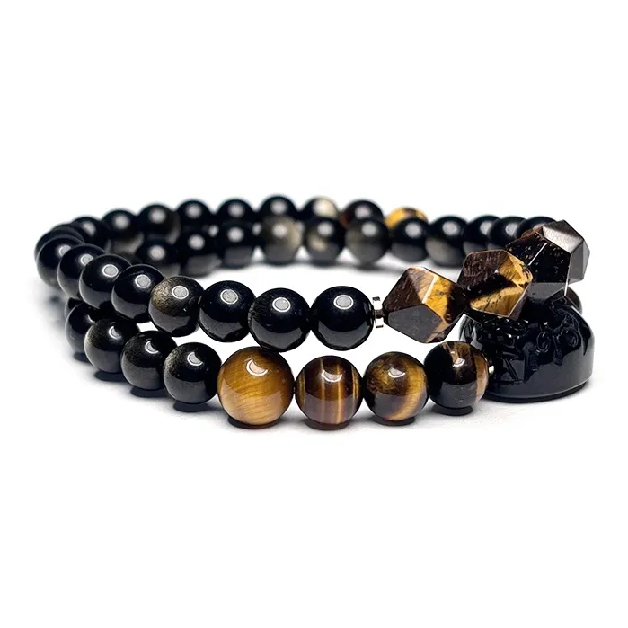MOUNTAINS AND MANS Natural Obsidian New Chinese Style Stackable Good Luck Beaded Bracelet Unisex-2