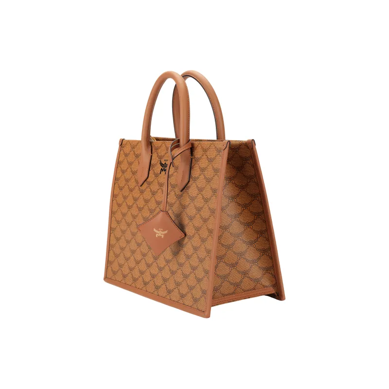 MCM Leather Paneled Canvas Tote Bag, Shopping Bag, Shoulder Bag, Crossbody Bag, Handbag Medium Size Women's Tan-1
