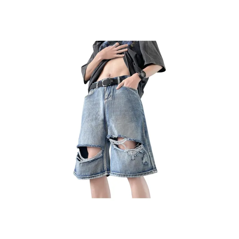 THREEAGAINTHR33 Denim Shorts Unisex Blue-1