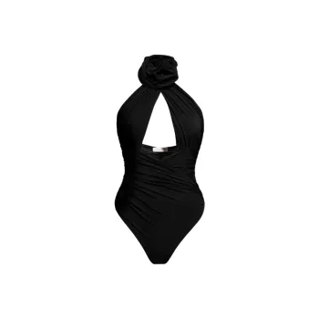 H&M X Magda Butrym Rose Appliqued Bodysuit With Cutout Detail Black