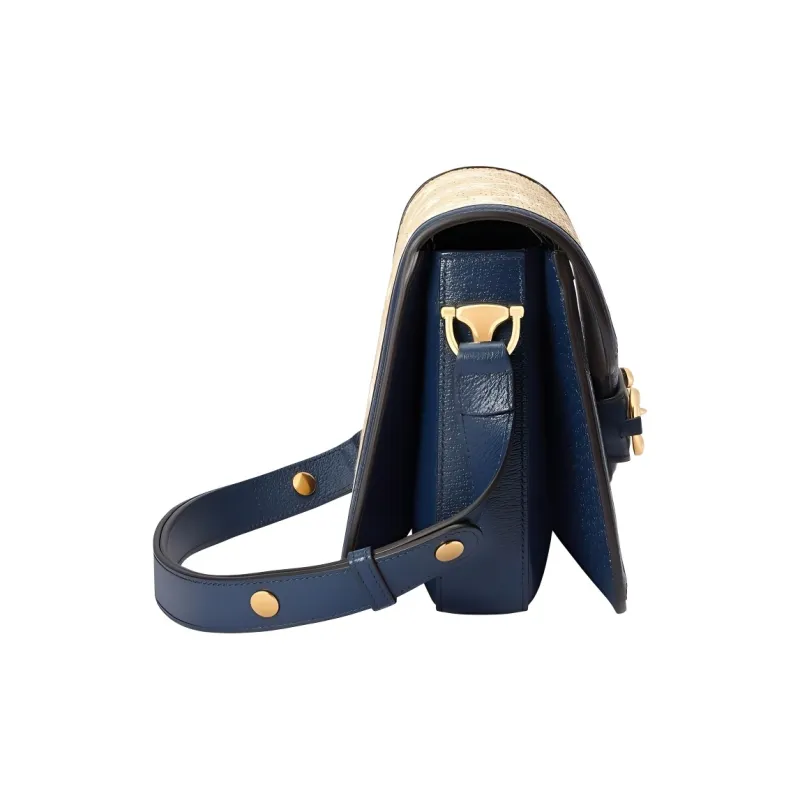 GUCCI Horsebit 1955 Raffia With Leather Saddle Bag Shoulder Bag Crossbody Bag Small Size Women's Beige/Blue-2