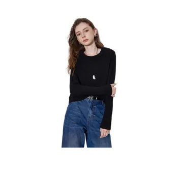 Initial Language Minimalist Style Crew Neck Base Layer Top Women's