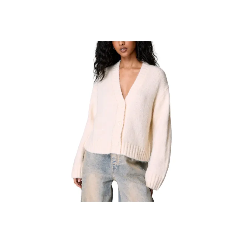 NASTY GAL Cropped Cardigan Knitwear Women's Natural Color-0