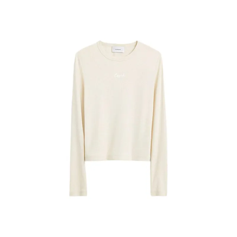 COACH Solid Color Logo Embroidery Ribbed Long Sleeved T Shirt Women's White-0