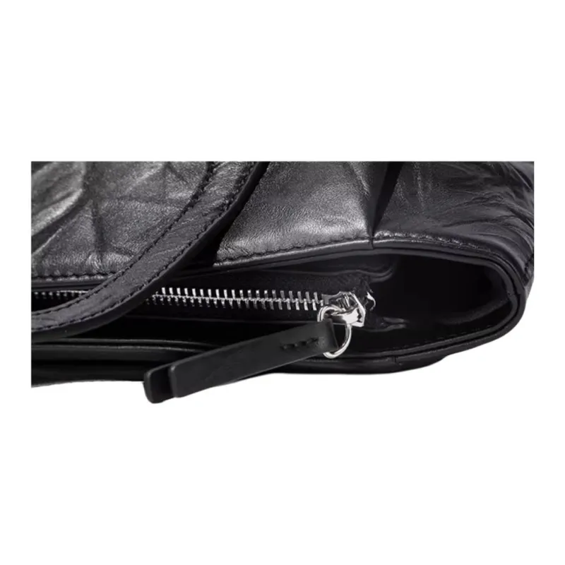 BAMPO Cow Leather Handbag Shoulder Bag Medium Size Women's Pure Black-4