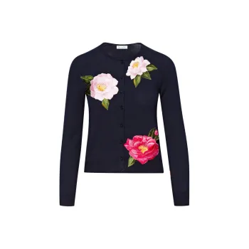 Oscar De La Renta Floral Instarsia Knit Cardigan