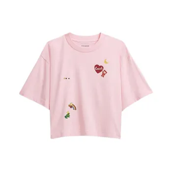 COACH Sticker Decor Crew Neck Cropped Short-Sleeved T-Shirt Women's Pink