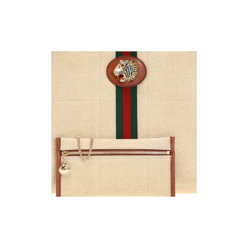 GUCCI Canvas With Leather Canvas Bag Tote, Chain One Shoulder Handbag Large Size Unisex Beige/Brown-3