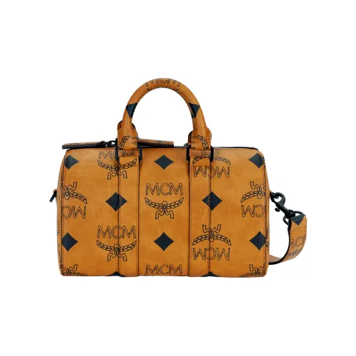 MCM Aren Visetos Coated Canvas Boston Bag, Crossbody Bag, Handbag Small Size Unisex Brown Cognac