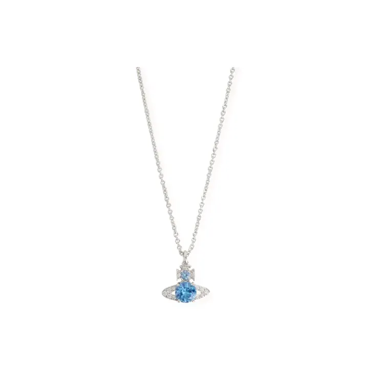 Vivienne Westwood Brass Saturn Styling Sparkling Rhinestone Necklace Unisex Silver/Sea Blue-0