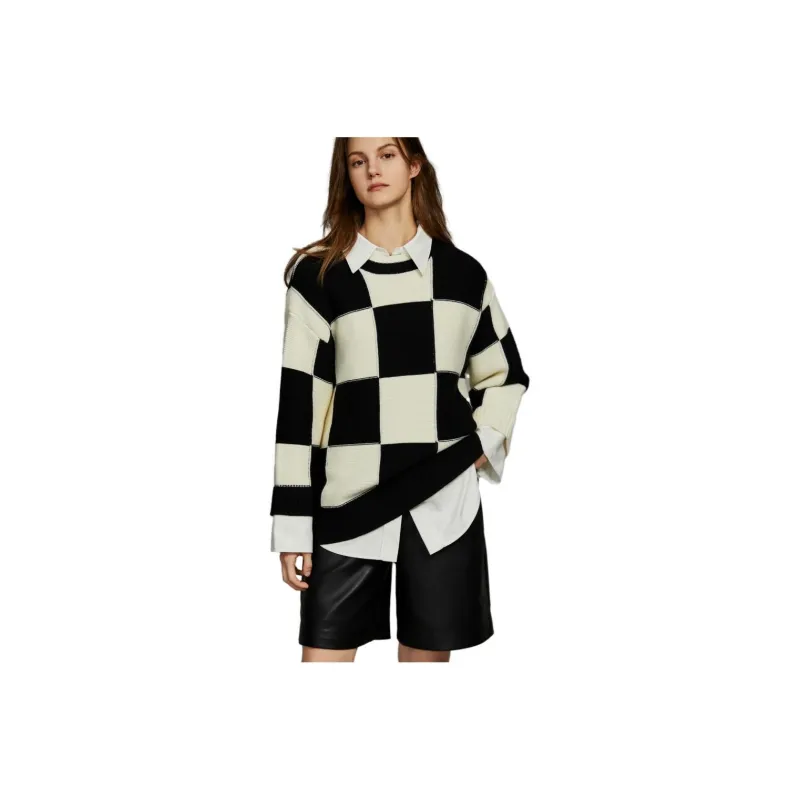 ELLE Knitwear Women's Black White Plaid-0