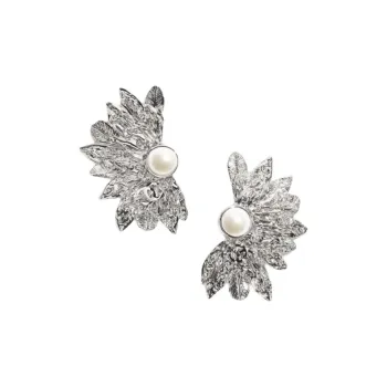 CHANEL Metal Glass Pearl Rhinestones Clip On Earrings Unisex Silver