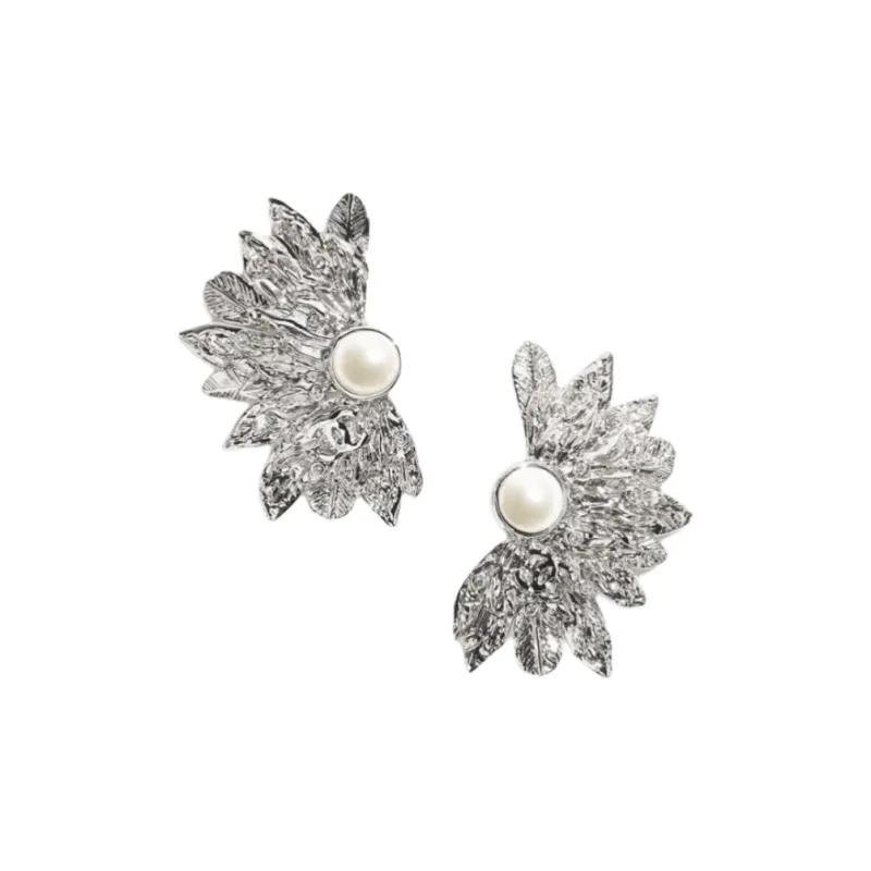 CHANEL Metal Glass Pearl Rhinestones Clip On Earrings Unisex Silver-0