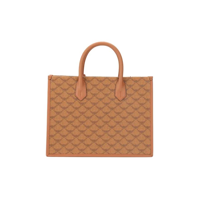 MCM Leather Paneled Canvas Tote Bag, Shopping Bag, Shoulder Bag, Crossbody Bag, Handbag Medium Size Women's Tan-2