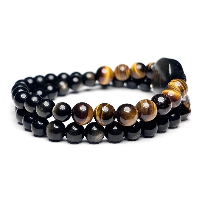 MOUNTAINS AND MANS Natural Obsidian New Chinese Style Stackable Good Luck Beaded Bracelet Unisex-1